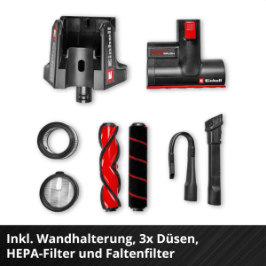 Zubehör für Einhell Akku-Stielstaubsauger: Wandhalterung, Düsen, HEPA- und Faltenfilter.