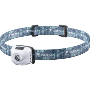 Varta LED-Kopflampe Outdoor Sports Ultralight H30R White mit blau-grün gemustertem Stirnband.