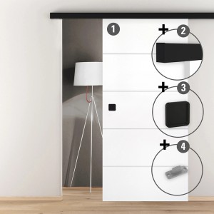 Novadoors Ontario Bianco Schiebetür-Set mit Holztür und Softeinzug, 4-Linien Design.