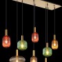 8-flammige Globo Pendelleuchte Normy mit bunten Glasschirmen und matter Messinghalterung.