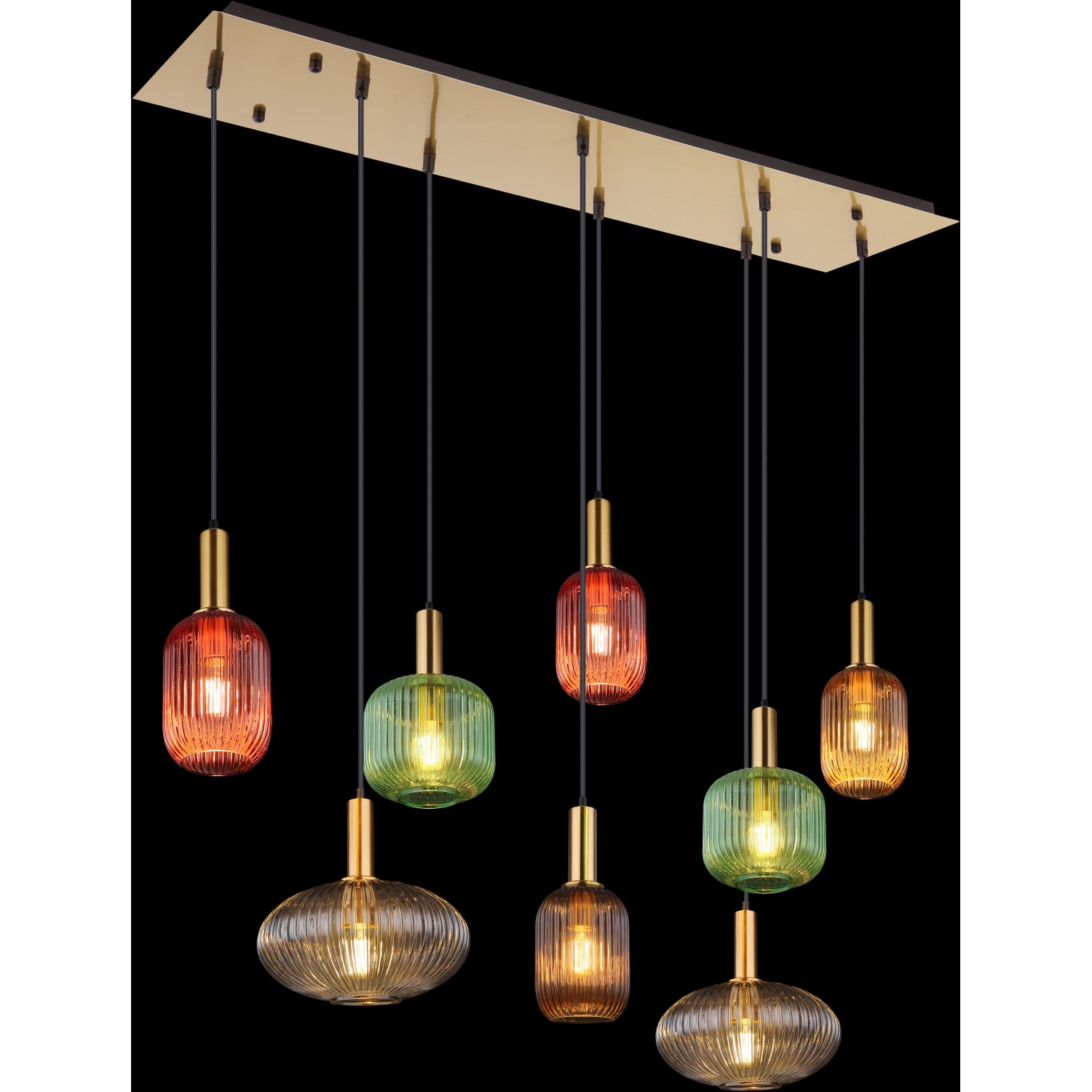8-flammige Globo Pendelleuchte Normy mit bunten Glasschirmen und matter Messinghalterung.
