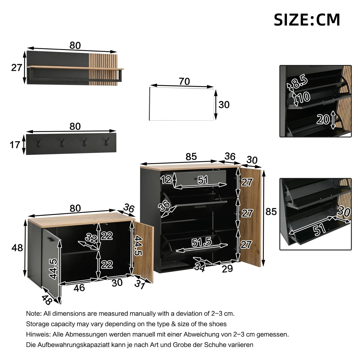 okwish Schuhschrank Set mit Spiegel Garderobe Flur 85x36x85cm Schwarz_5
