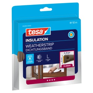 Verpackung des braunen tesa® Insulation Dichtungsbands P-Profil 10 m für Tür- und Fensterdichtungen.