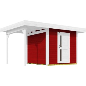 Weka Holz-Gartenhaus Designhaus 172, rot lackiert mit Flachdach und Anbau.