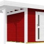Weka Holz-Gartenhaus Designhaus 172, rot lackiert mit Flachdach und Anbau.