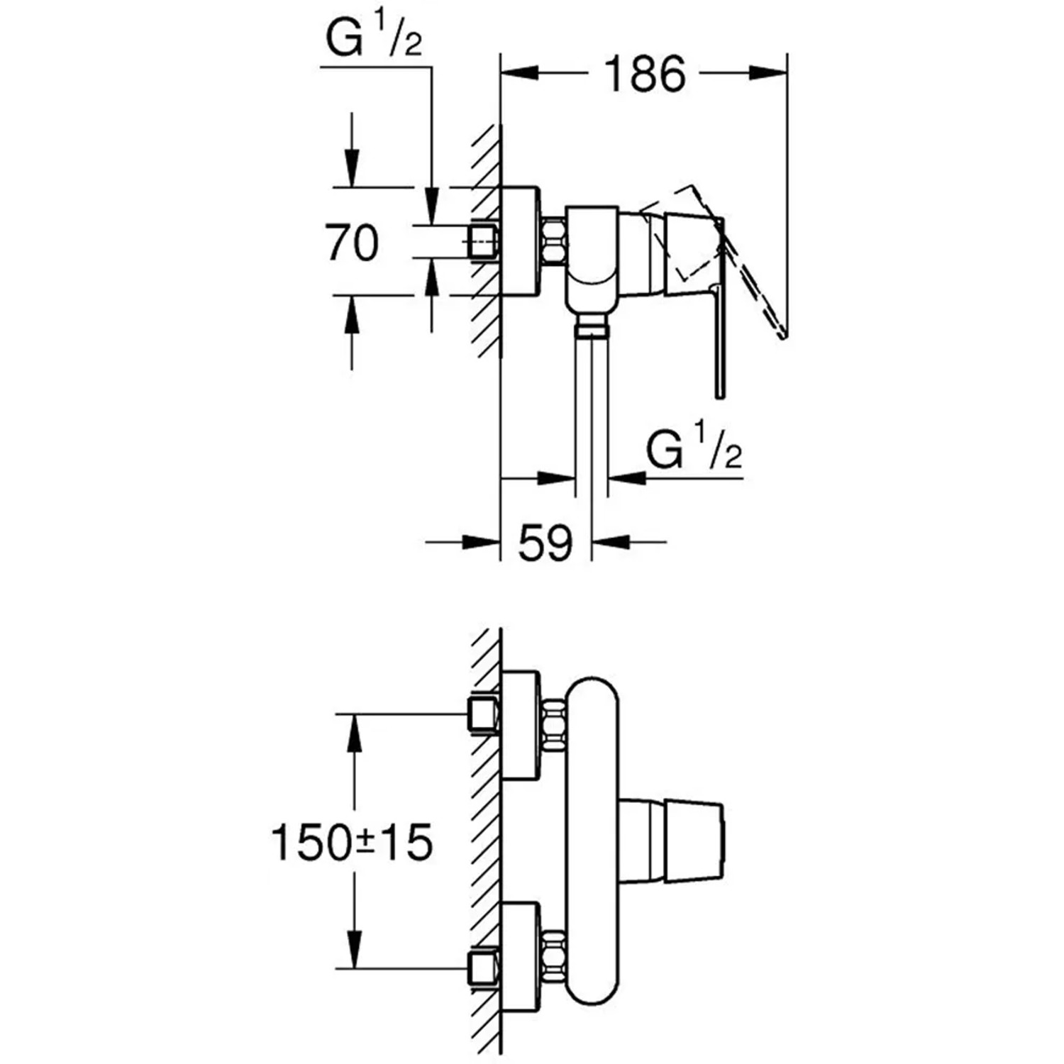 Technische Zeichnung der Grohe QuickFix Duscharmatur Get Chrom mit Maßangaben.