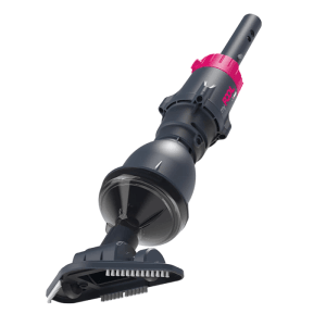 myPOOL Akkusauger MP 02, dunkelgrauer Poolreiniger mit pinken Akzenten, schwenkbarem Saugkopf und Bürsten.