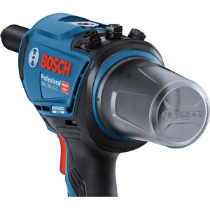 Bosch Professional GRG 18 V-16 C Akku-Nietpistole, blau/schwarz, mit transparentem Aufsatz.