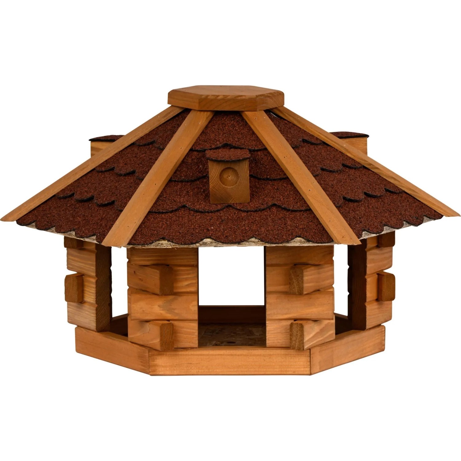Sechseckiges Vogelhaus aus hellem Kiefernholz im Blockhaus-Stil mit rotem Bitumendach. Robustes Futterhaus.