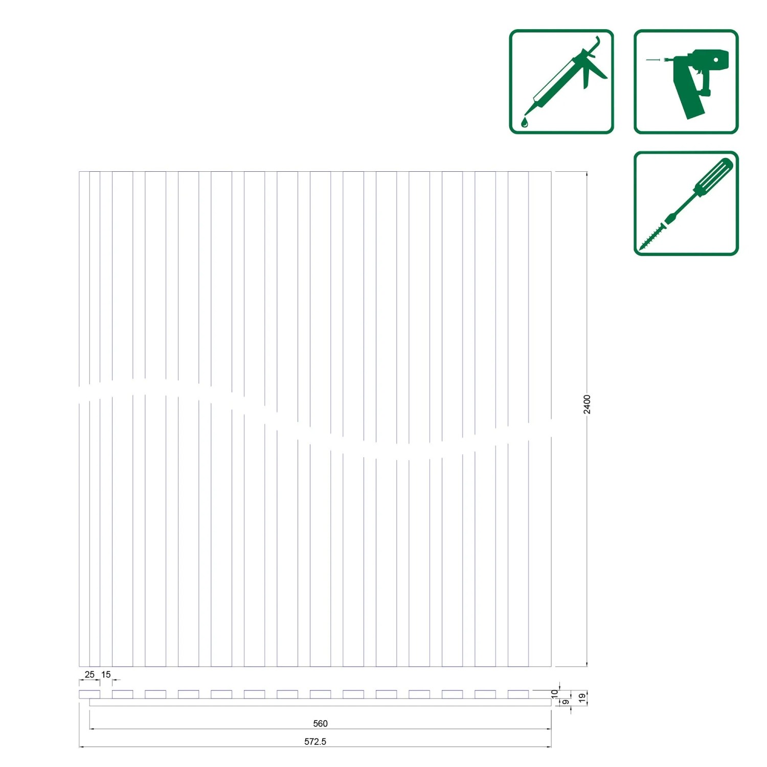 Technische Zeichnung FN Acustico Akustikplatte Eiche, Maße 572,5x19x2400 mm, Montagehinweise.