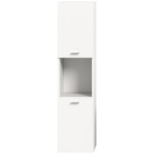 Weißer Badschrank, 30x125x29 cm, stehend oder hängend montierbar, mit Fächern und Schubladen.
