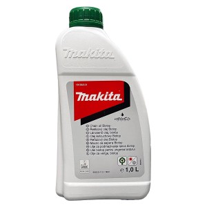 Makita Biotop Sägekettenöl 1 Liter für Kettensägen. Öl in weißer Flasche mit grünem Deckel.