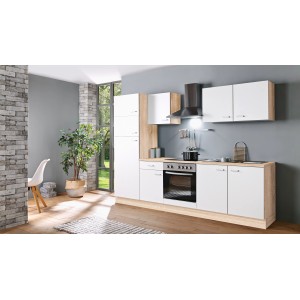Menke Küchenzeile Classic 270 cm in Weiß und Sonoma Eiche Nachbildung mit E-Geräten.
