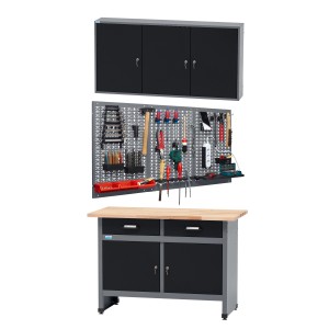 Küpper Werkbank-Set, 3-teilig, 1,20 m, schwarz-hellgrau, mit Werkbank, Hängeschrank und Lochwand.