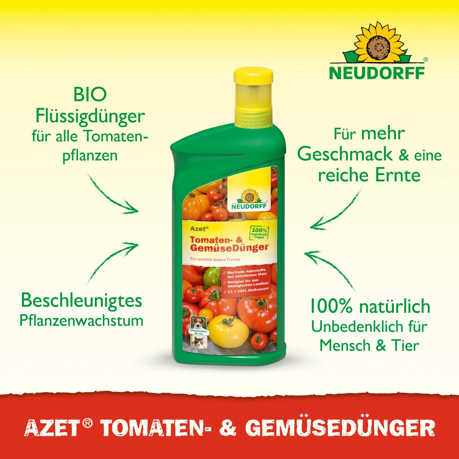 Neudorff Azet Plus Tomaten- und Gemüse-Dünger, 1 Liter Flasche. Flüssigdünger für gesunde Pflanzen und reiche Ernte.