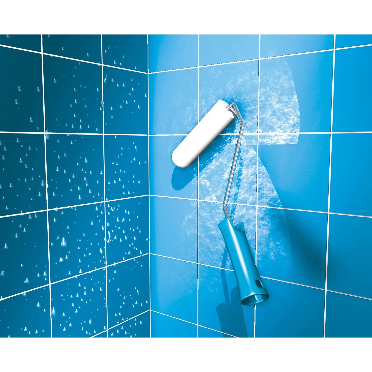 Anwendung von MEM Dusch-Bad-Dicht mit Farbroller auf blauen Fliesen im Bad.