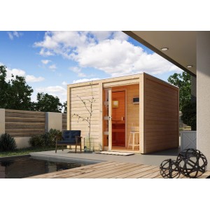 Karibu Saunahaus Jasper mit Bio-Ofen und externer Steuerung im Garten.