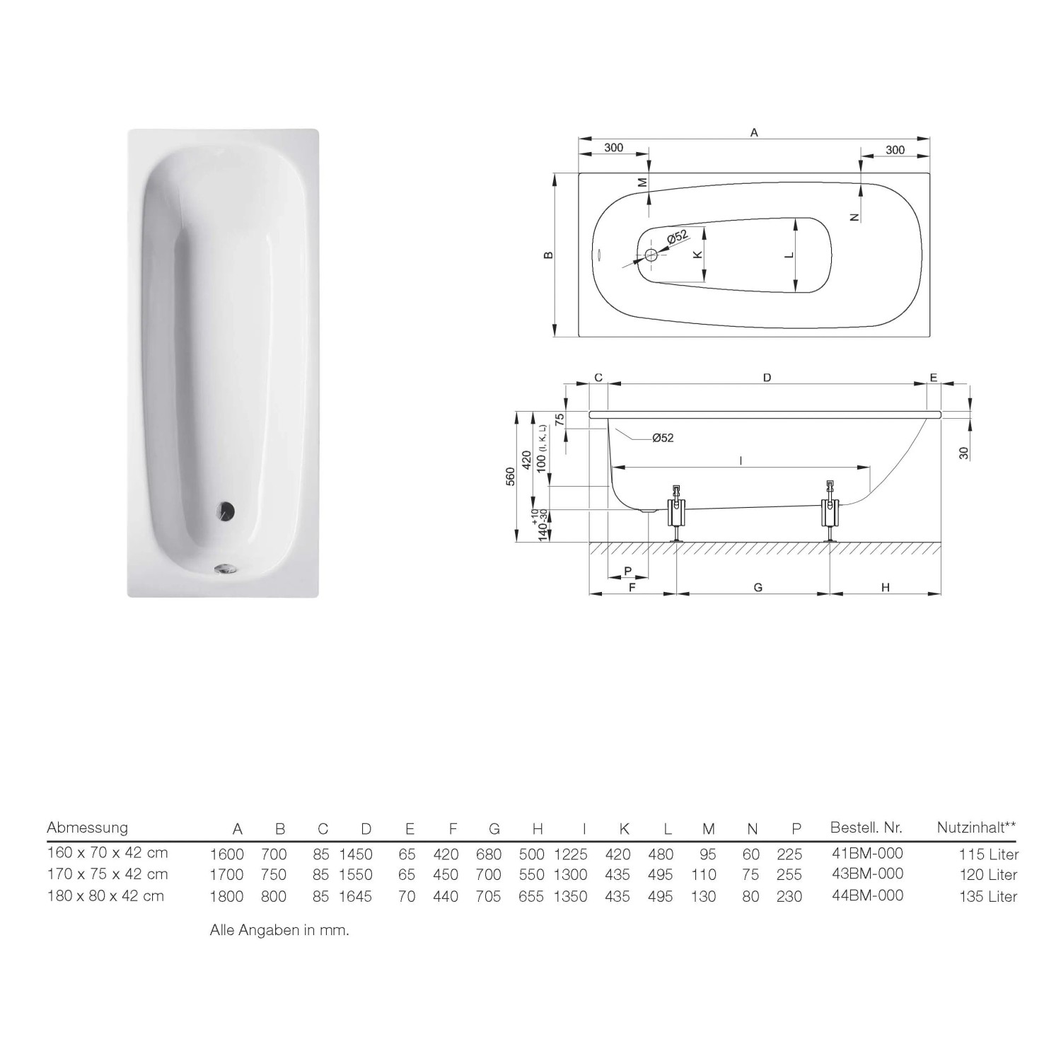 Bette Badewanne Steel, 170x75 cm, Weiß, mit technischer Zeichnung.
