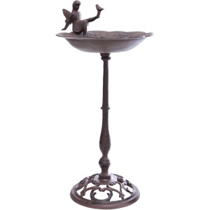 Braune Vogeltränke aus Gusseisen mit Elfe, 51 cm hoch, für Gartendekoration.