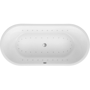 Ottofond Whirlpool Carney, Aufsicht. Weiße Badewanne mit Düsen und chromfarbener Ablaufgarnitur.