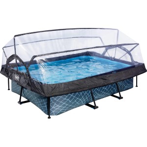 Grauer EXIT Stone Pool 220x150x65 cm mit Filterpumpe und Abdeckung.