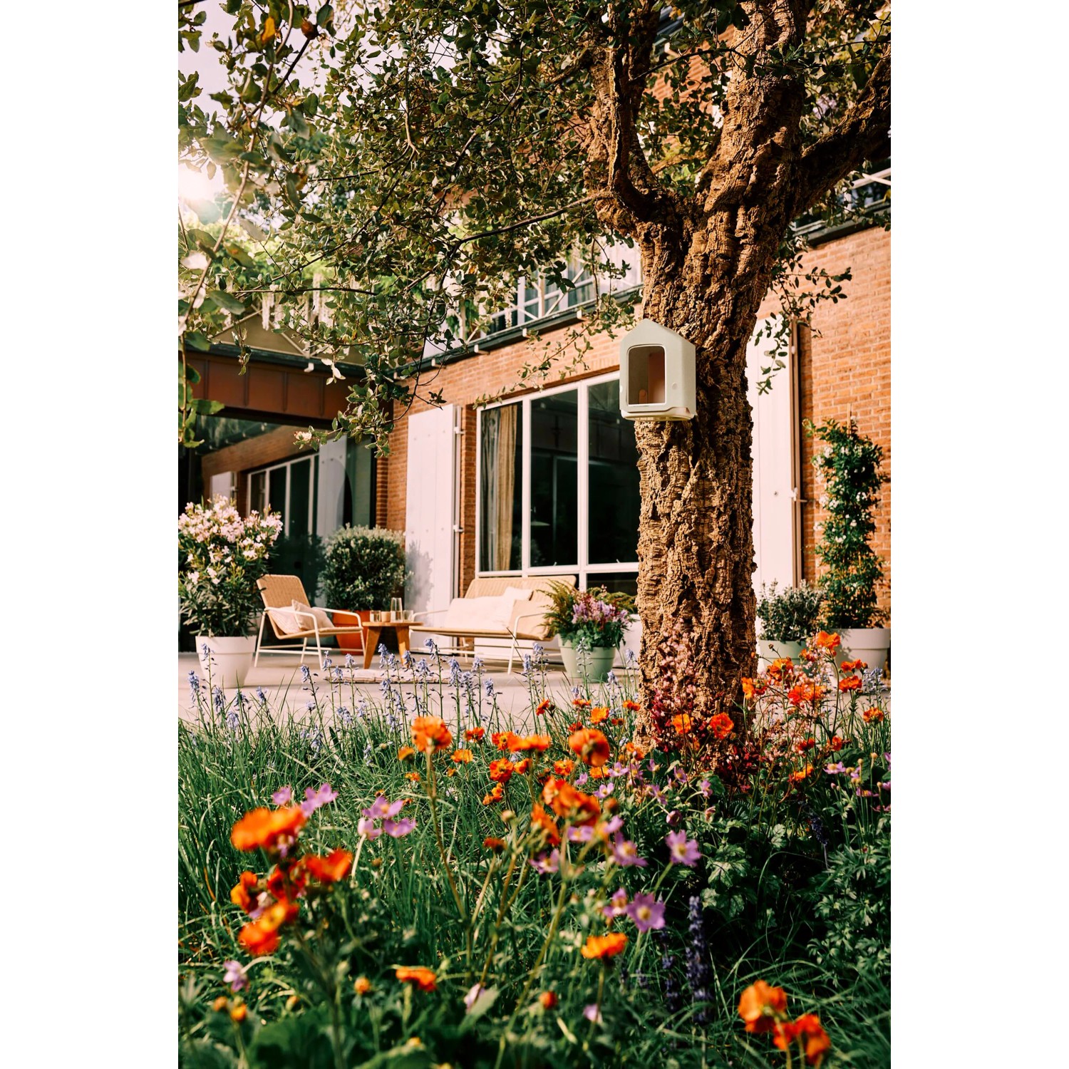 Elho Vogelfutterhaus Cosy, beige-weiß, an Baum befestigt in blühendem Garten.