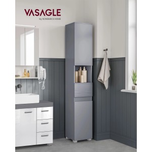 Grauer Vasagle Badezimmerschrank (30x30x170cm) mit offenem Fach und Schublade im Badezimmer.