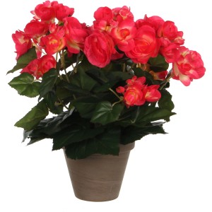 Dunkelrosa Kunstblume Begonie im Terrakotta-Topf, 30 cm hoch, ideal als pflegeleichte Dekoration.