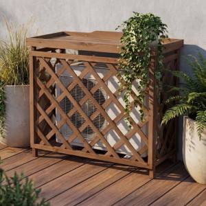 Dunkelbraune MCW Verkleidung für Klimaanlage/Wärmetauscher aus Holz mit Gittermuster.