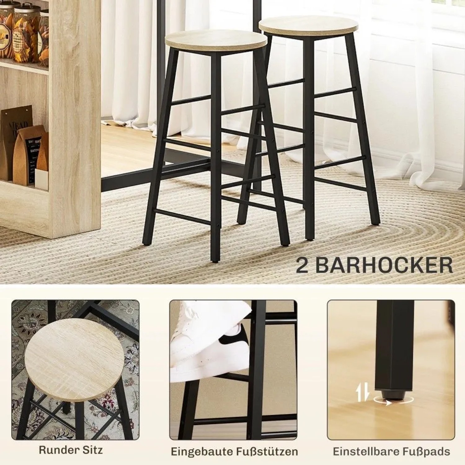 Zwei Barhocker des HOMCOM Bartisch Sets: runde Eiche-Sitze, schwarze Metallgestelle, Fußstützen, verstellbare Fußpads. Ideal für Küche.