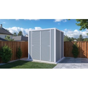 Graues Bertilo Holz-Gartenhaus Box 3 (208x202cm) mit Rhombusprofil im Garten.