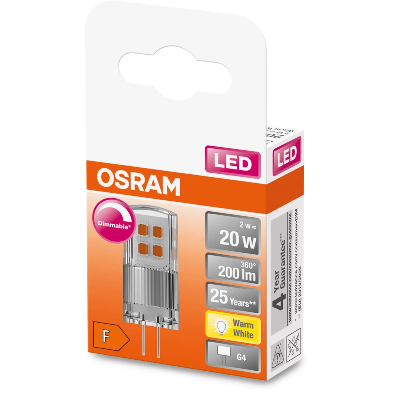 Osram LED-Leuchtmittel G4, 2W, warmweiß, 200lm, EEK: F, 4x1,5cm im Karton.