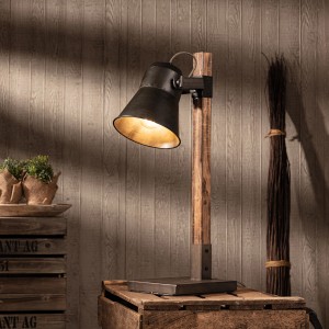 Schwarze Brilliant Tischleuchte Plow aus Stahl und Holz, Design-Tischlampe für den Innenbereich.