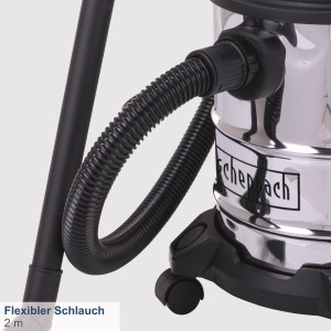 Detailaufnahme: Schwarzer Schlauch am Scheppach Nass- und Trockensauger VC20.