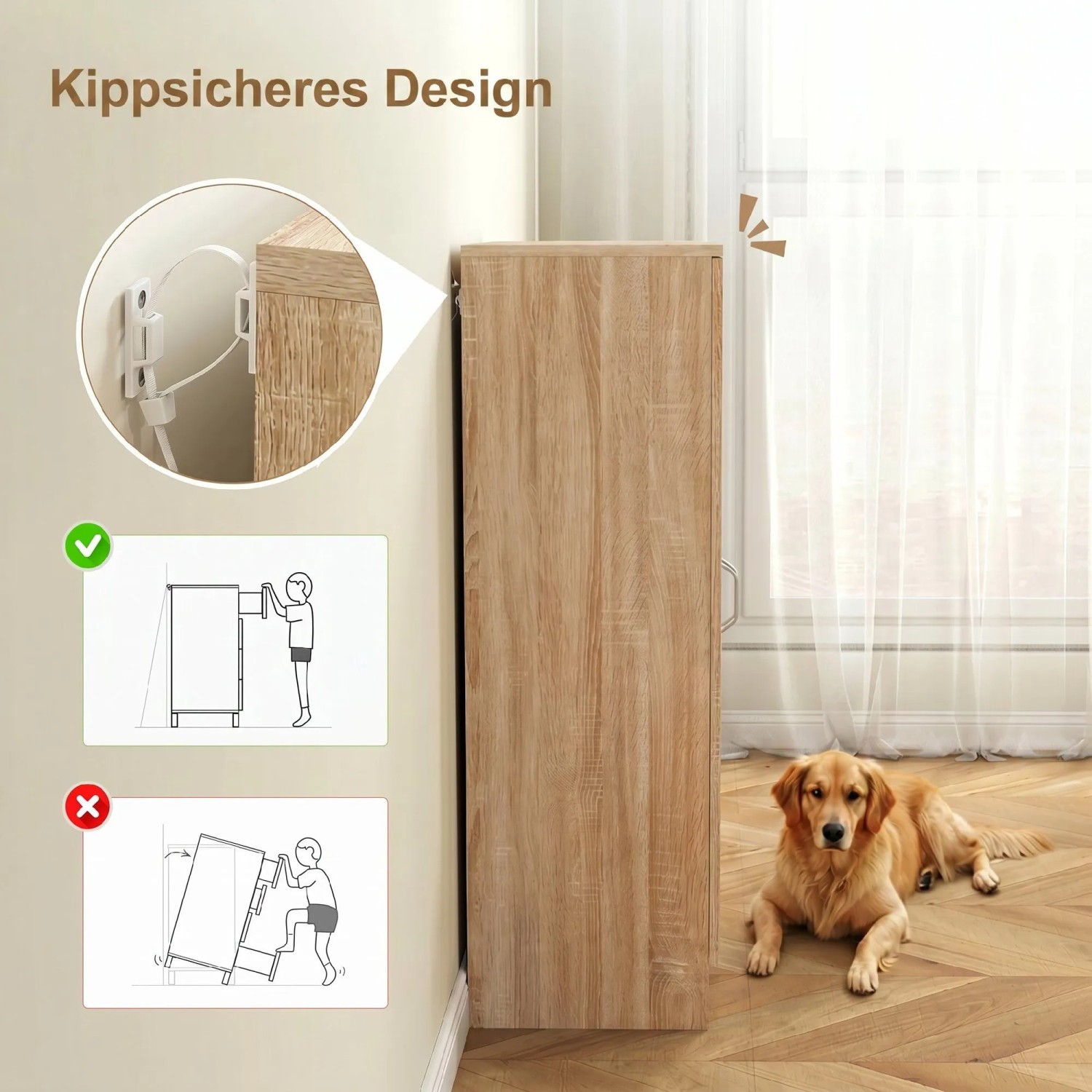 HOMCOM Schuhschrank in Naturholzoptik mit Kippschutz an der Wand. Diagramme zeigen sichere Befestigung der Schuhkommode.