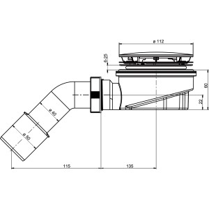 Technische Zeichnung Ablaufgarnitur Tasso SF60 für Duschwanne Ø 90 mm, ohne Abdeckung.