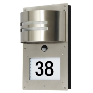 Moderne Edelstahl Hausnummerleuchte Essex mit LED und Bewegungsmelder.