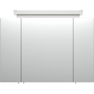 Posseik Spiegelschrank in Beton-Optik, 90 cm breit, mit drei Spiegeltüren und Aufsatzleuchte.