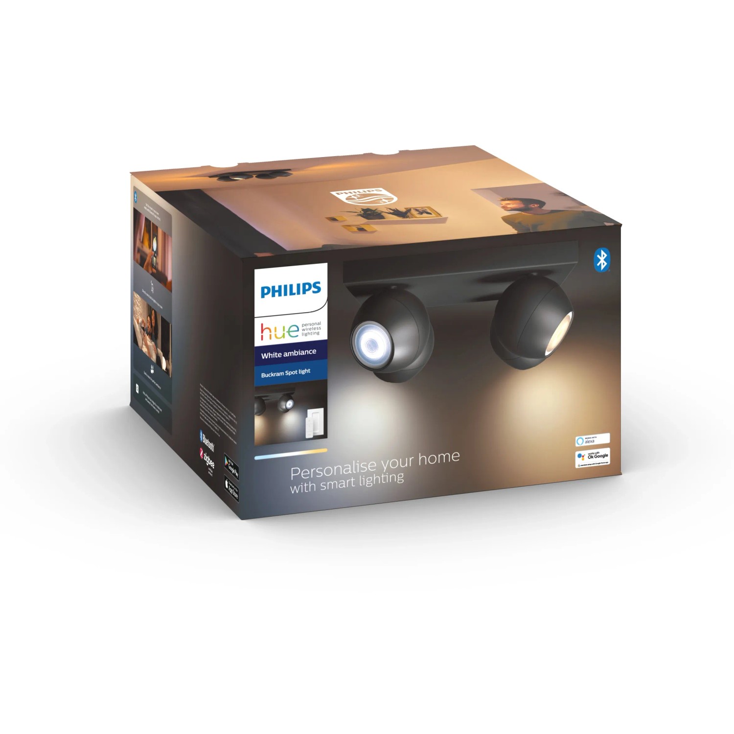 Verpackung des Philips Hue Spot, 4-flammig, White Ambiance Buckram in Schwarz, mit Dimmer.