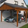 Skan Holz Carport Fichtelberg Nussbaum mit Auto und Motorrad untergestellt.