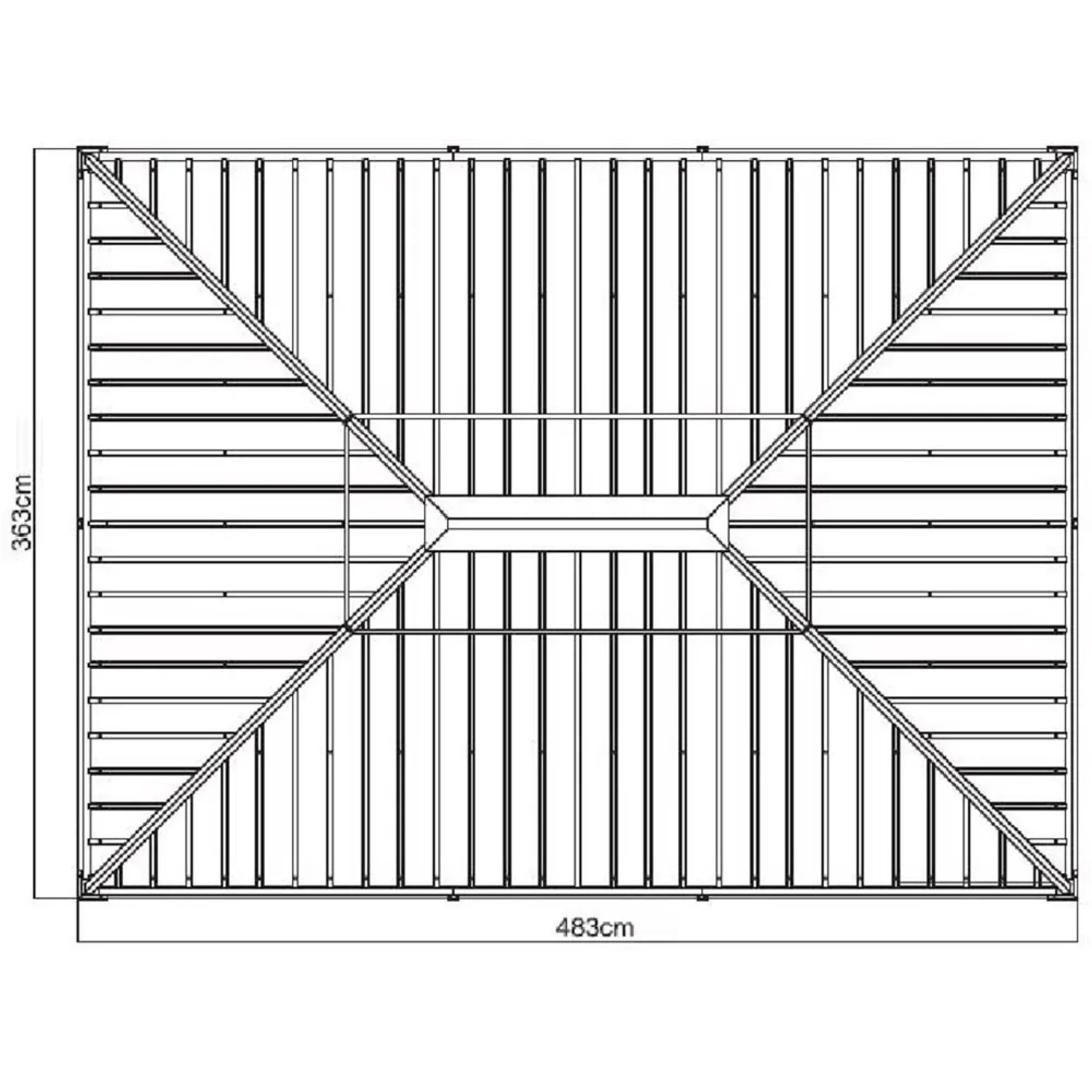 Draufsicht Sojag Aluminium-Pavillon Messina 12x16 Anthrazit, Maße 363x483cm, Konstruktionszeichnung.