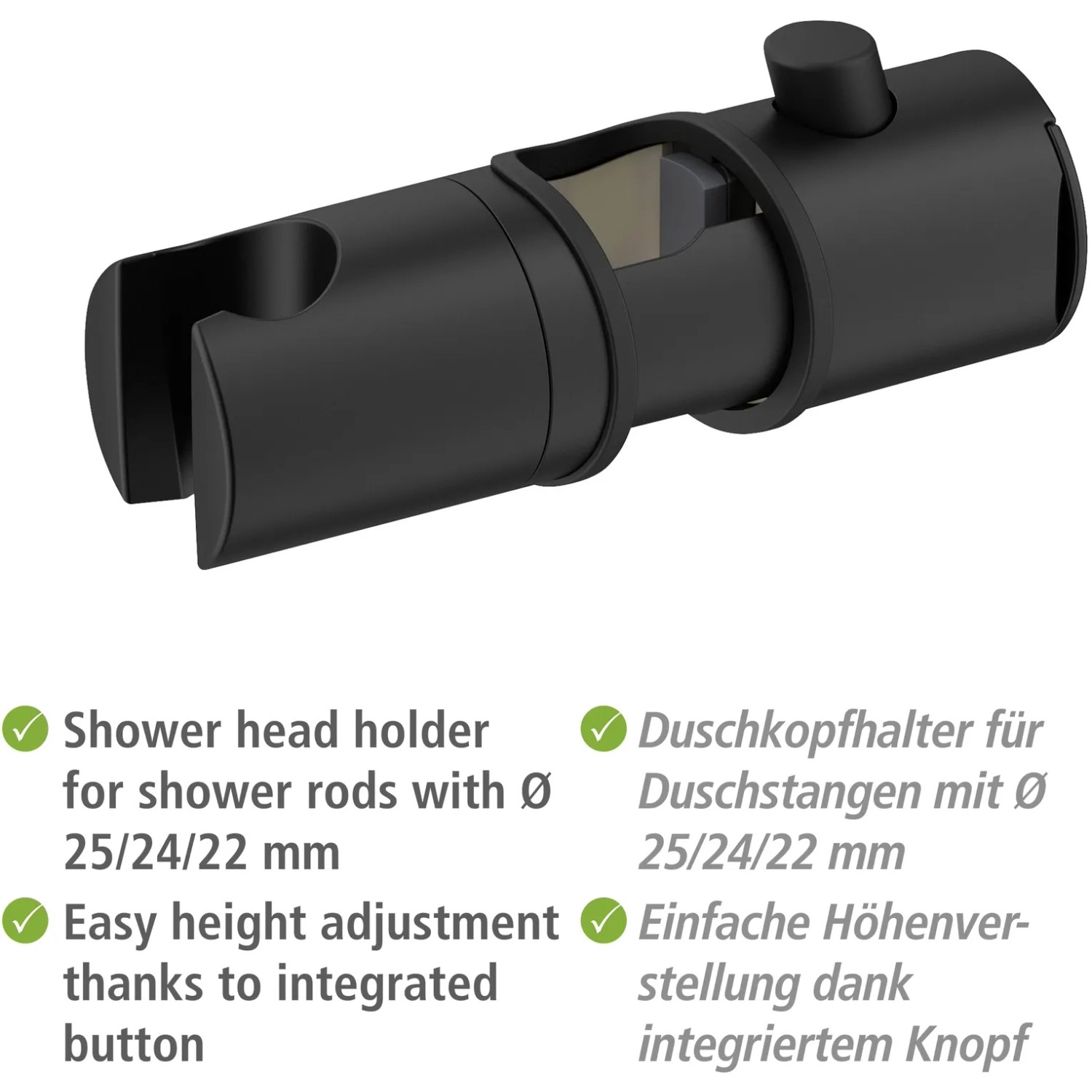 Wenko Brausegleiter Libertà Schwarz für Duschstangen, verstellbarer Duschkopfhalter.