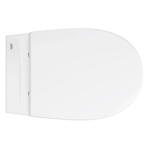 Weißer Grohe WC-Sitz mit Deckel, geschlossen, von oben. Teil des Bau Keramik Wand-Tiefspül-WC-Sets.