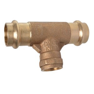 Kirchhoff RG-T-Stück 28 mm x 18,7 mm, blanker Rotguss Pressfitting mit 2 Muffen und Innengewinde.