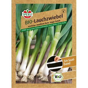 Sperli Bio Lauchzwiebel Saatband: Lauchzwiebeln mit langem, weißen Schaft und Saatband auf der Packung.