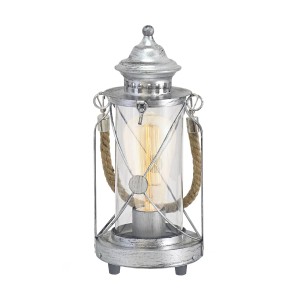 Eglo Tischleuchte Bradford im Laternen-Design, silberfarben antik, mit Glaszylinder und Seil-Henkel.