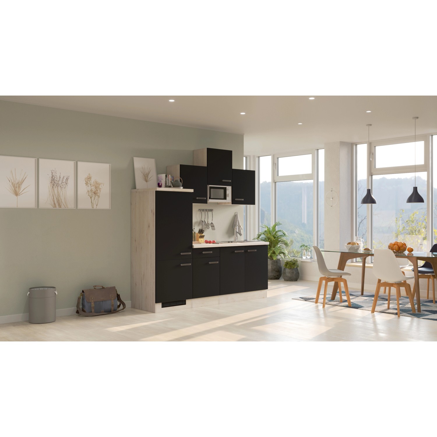 Flex-Well Küchenzeile Lara, 210 cm, Anthrazit/San Remo Eiche Dekor, mit E-Geräten wie Kühlschrank und Mikrowelle.