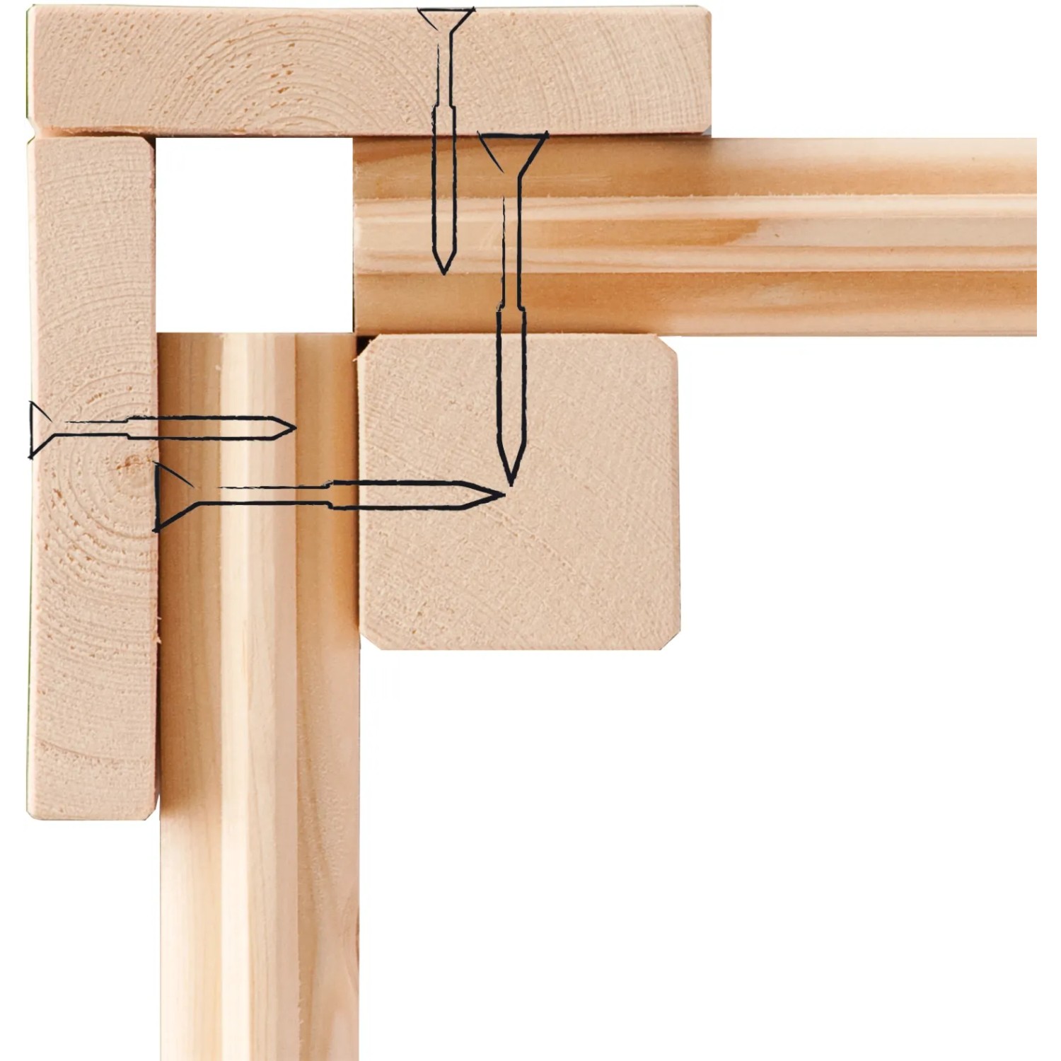 Detailaufnahme der Eckverbindung eines Karibu Holz-Gartenhauses mit Schrauben.