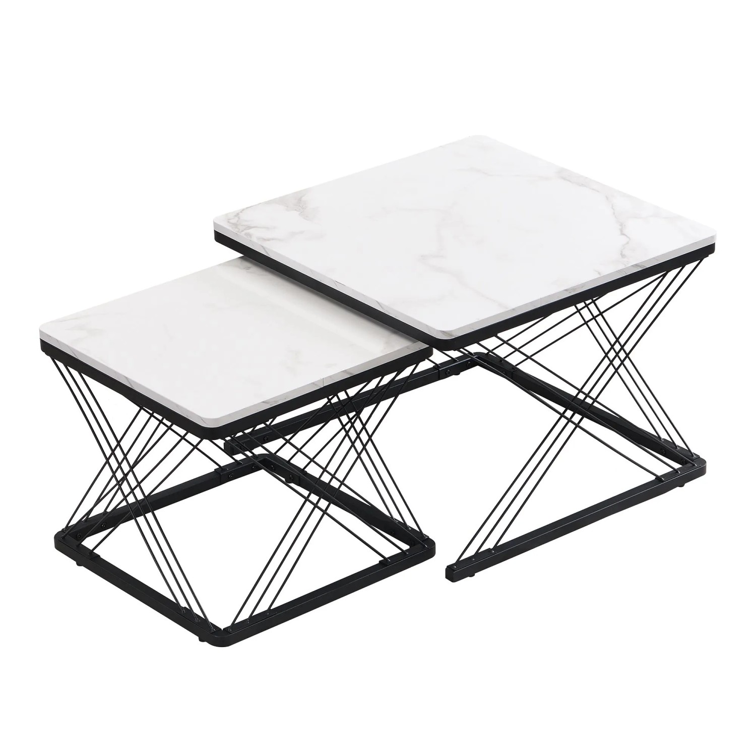 okwish Couchtisch Set mit Marmoroptik HöhenVerstellbare Füße 60x60x45cm 45x45x40cm Schwarz