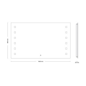 Technische Zeichnung: Rechteckiger Kristall-Form LED-Leuchtspiegel Capella IV, 100x60cm, mit Maßangaben.
